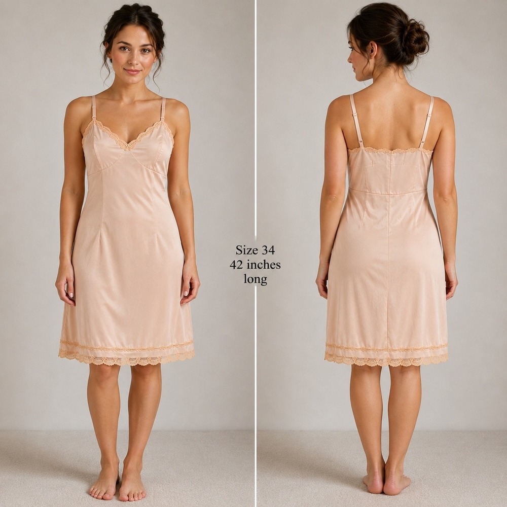 Vintage 70s Olga Slip Dress Size 34 Blush Nylon Lace Trim Romantic Lingerie Cozy